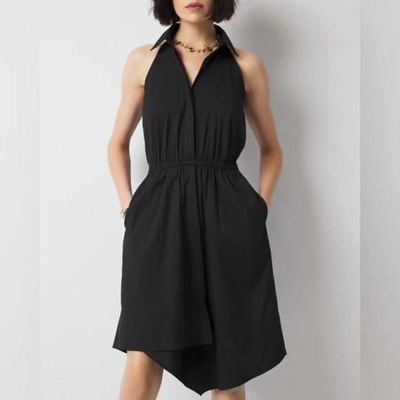 New WHITE HOUSE BLACK MARKET Poplin Halter Shirt Dress Button Pockets Chic Large - Picture 2 of 16